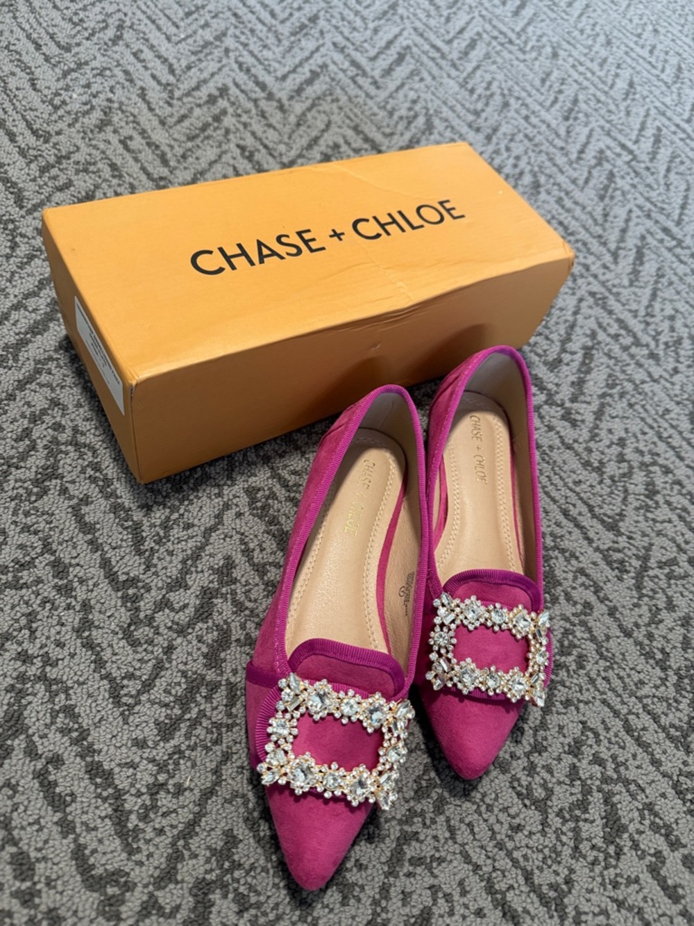 Chase + Chloe Hot Pink Suede Crystal Buckle Pointed Flats